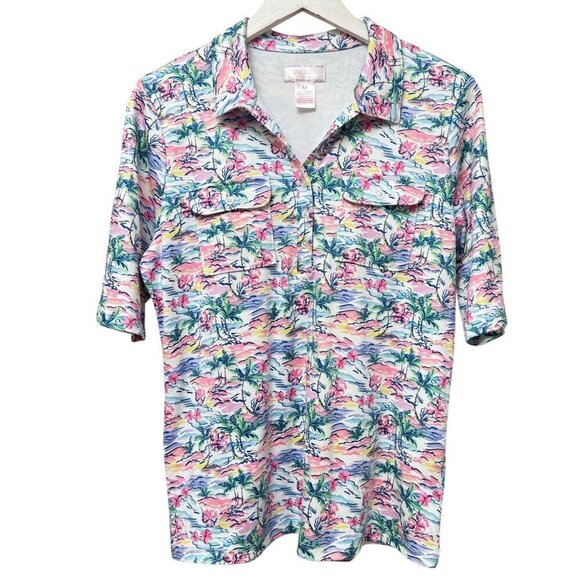 STELLA PARKER Polo Top Medium Pink Palms Print Short Sleeve Stretch Jersey Golf - Picture 1 of 9